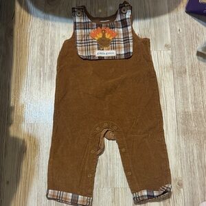 Mud Pie Brown Corduroy Kids Overalls with Plaid Accents
